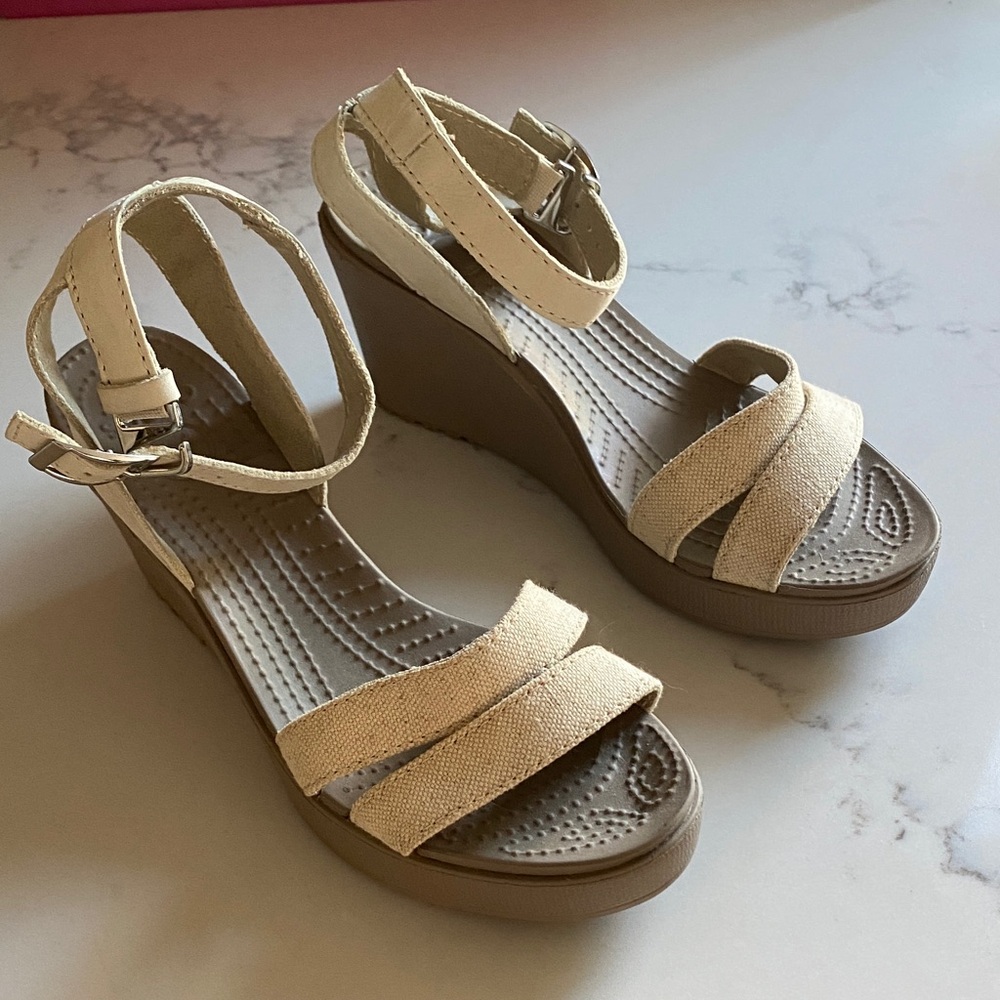 CROCS Women's Tan Beige Wedge Sandals with Ankle Strap
